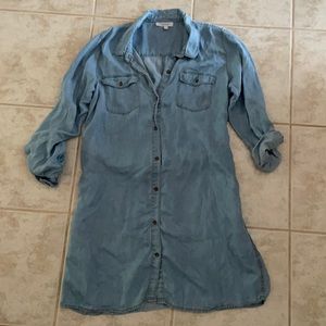 100% cotton blue chambray dress with tie belt.